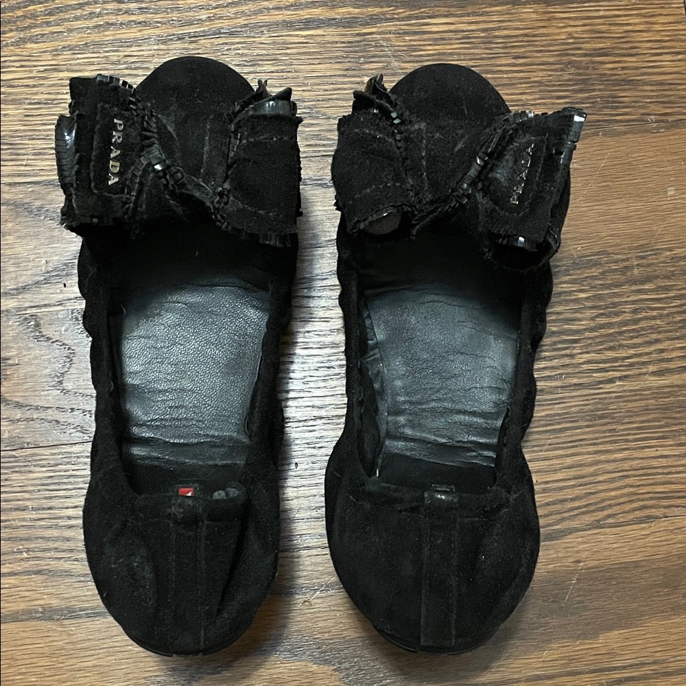 Prada Black Suede Flats with Bow Detail